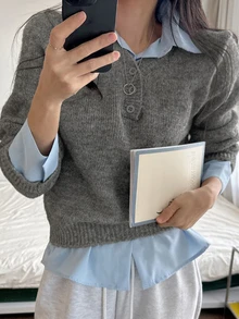 DAZY Women's Solid Color Loose Long Sleeve V-Neck Casual Vacation Spring Autumn Pullover Knit Sweater - Grey - View 4