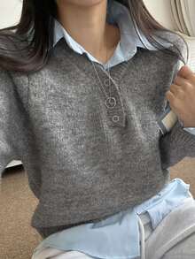 DAZY Women's Solid Color Loose Long Sleeve V-Neck Casual Vacation Spring Autumn Pullover Knit Sweater - Grey - View 1