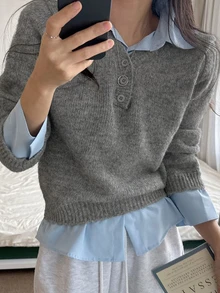 DAZY Women's Solid Color Loose Long Sleeve V-Neck Casual Vacation Spring Autumn Pullover Knit Sweater - Grey - View 2