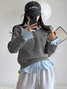 DAZY Women's Solid Color Loose Long Sleeve V-Neck Casual Vacation Spring Autumn Pullover Knit Sweater - Grey - View 6