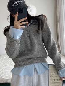 DAZY Women's Solid Color Loose Long Sleeve V-Neck Casual Vacation Spring Autumn Pullover Knit Sweater - Grey - View 7