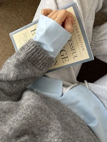 DAZY Women's Solid Color Loose Long Sleeve V-Neck Casual Vacation Spring Autumn Pullover Knit Sweater - Grey - View 3