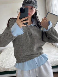 DAZY Women's Solid Color Loose Long Sleeve V-Neck Casual Vacation Spring Autumn Pullover Knit Sweater - Grey - View 8