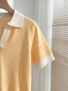 SHEIN 女款春夏拼色簡約日常 Polo 領短袖休閒修身針織上衣，度假優雅百搭翻領短袖針織上衣，適合外出 - 黃色 - 查看 5