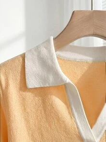 SHEIN 女款春夏拼色簡約日常 Polo 領短袖休閒修身針織上衣，度假優雅百搭翻領短袖針織上衣，適合外出 - 黃色 - 查看 6