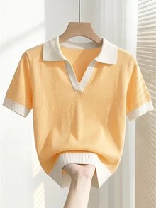 SHEIN 女款春夏拼色簡約日常 Polo 領短袖休閒修身針織上衣，度假優雅百搭翻領短袖針織上衣，適合外出 - 黃色 - 查看 8