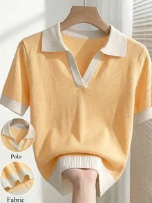 SHEIN 女款春夏拼色簡約日常 Polo 領短袖休閒修身針織上衣，度假優雅百搭翻領短袖針織上衣，適合外出 - 黃色 - 查看 4