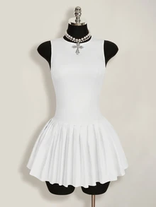 SHEIN ICON 女士纯色圆领褶皱无袖迷你连衣裙 - 白色 - 查看 5