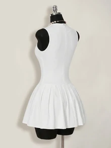 SHEIN ICON 女士纯色圆领褶皱无袖迷你连衣裙 - 白色 - 查看 7
