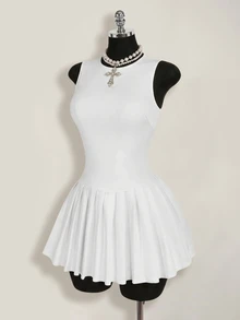 SHEIN ICON 女士纯色圆领褶皱无袖迷你连衣裙 - 白色 - 查看 6