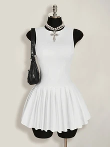 SHEIN ICON 女士纯色圆领褶皱无袖迷你连衣裙 - 白色 - 查看 11