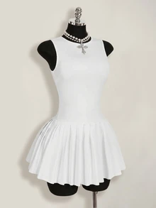 SHEIN ICON 女士纯色圆领褶皱无袖迷你连衣裙 - 白色 - 查看 4