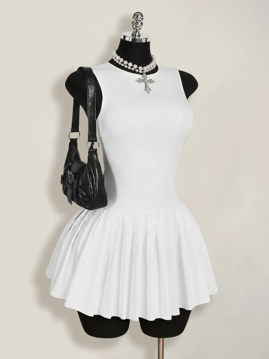 SHEIN ICON 女士纯色圆领褶皱无袖迷你连衣裙 - 白色 - 查看 1