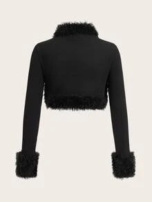 SHEIN ICON 素色毛絨飾邊開襟短版秋季外套 - 黑色 - 查看 2