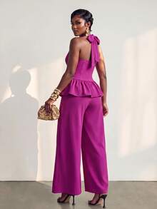 BamGlimmer Women's Halter Neck Ruffle Top And Long Pants Elegant Party 2 Pieces Set - Purple - View 3