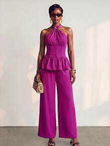 BamGlimmer Women's Halter Neck Ruffle Top And Long Pants Elegant Party 2 Pieces Set - Purple - View 6