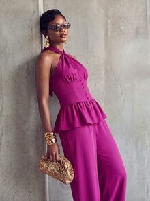 BamGlimmer Women's Halter Neck Ruffle Top And Long Pants Elegant Party 2 Pieces Set - Purple - View 4