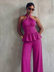 BamGlimmer Women's Halter Neck Ruffle Top And Long Pants Elegant Party 2 Pieces Set - Purple - View 7
