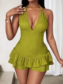 BamGleam Solid Color Halter Backless Ruffle Hem Sleeveless Bodycon Jumpsuit - Green - View 3