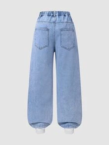 SHEIN ChillGRL Tween Girls Jeans New Fashion Snowflake Wash Distressed Design Best-Seller Embroidered Wide Leg Denim Pants Heart Embroidery Colorful Heart Cute Embroidery Wide Leg Pants Girls Loose Wide Leg Pants Light Blue Suitable For Christmas New Year Valentine's Day Daily Wear School - Blue - View 3