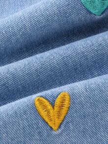 SHEIN ChillGRL Tween Girls Jeans New Fashion Snowflake Wash Distressed Design Best-Seller Embroidered Wide Leg Denim Pants Heart Embroidery Colorful Heart Cute Embroidery Wide Leg Pants Girls Loose Wide Leg Pants Light Blue Suitable For Christmas New Year Valentine's Day Daily Wear School - Blue - View 7