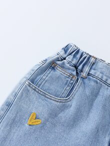 SHEIN ChillGRL Tween Girls Jeans New Fashion Snowflake Wash Distressed Design Best-Seller Embroidered Wide Leg Denim Pants Heart Embroidery Colorful Heart Cute Embroidery Wide Leg Pants Girls Loose Wide Leg Pants Light Blue Suitable For Christmas New Year Valentine's Day Daily Wear School - Blue - View 6