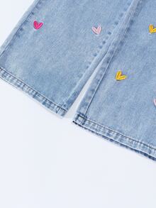 SHEIN ChillGRL Tween Girls Jeans New Fashion Snowflake Wash Distressed Design Best-Seller Embroidered Wide Leg Denim Pants Heart Embroidery Colorful Heart Cute Embroidery Wide Leg Pants Girls Loose Wide Leg Pants Light Blue Suitable For Christmas New Year Valentine's Day Daily Wear School - Blue - View 5