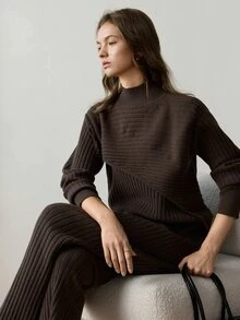 Dazy-Less Women's Autumn/Winter Casual Solid Color Sweater & Knitted Pants 2 Pieces Set - Coffee Brown - View 6