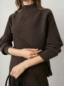 Dazy-Less Women's Autumn/Winter Casual Solid Color Sweater & Knitted Pants 2 Pieces Set - Coffee Brown - View 7