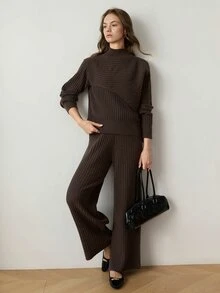 Dazy-Less Women's Autumn/Winter Casual Solid Color Sweater & Knitted Pants 2 Pieces Set - Coffee Brown - View 4