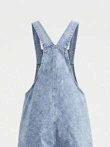 SHEIN Elladie kids 女童牛仔吊帶褲，全季新款 Y2K 風格，淺藍色復古牛仔布，大前口袋，粉色與白色愛心刺繡，寬鬆直筒版型，柔軟舒適面料，時尚百搭，適合日常穿著 - 中等水洗藍 - 查看 5