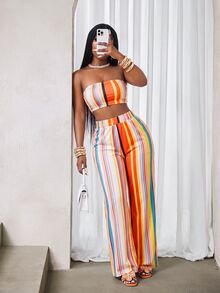 SHEIN BamGlam 2026春夏新款女装印花系列 - 彩色条纹，针织面料，透气舒适，阔腿裤，适合节日、海滩、海滩度假、迈阿密海滩度假村、海滩度假、日常穿着，多色条纹元素，阔腿设计修饰腿型，提升身材曲线 - 彩色 - 查看 2