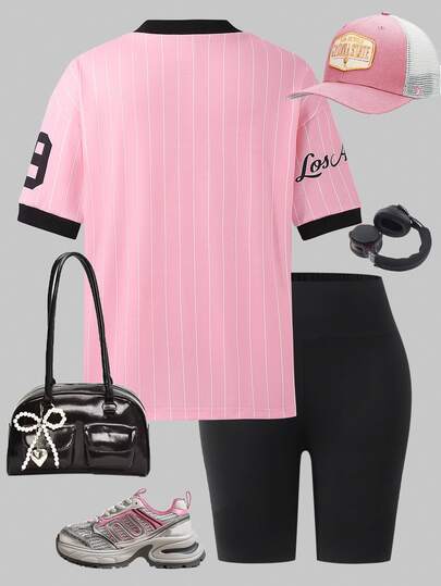 Tween Girls Girls' Casual Basic Vintage Sports Team Striped V-Neck Black Trim Oversized Raglan T-Shirt, Matching Mom & Sister, Summer