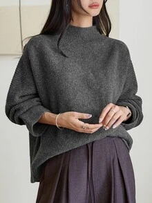 Dazy-Less Women's Solid Color Stand Collar Long Sleeve Casual Versatile Sweater Fall - Grey - View 4