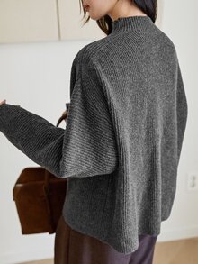 Dazy-Less Women's Solid Color Stand Collar Long Sleeve Casual Versatile Sweater Fall - Grey - View 2