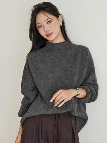 Dazy-Less Women's Solid Color Stand Collar Long Sleeve Casual Versatile Sweater Fall - Grey - View 1