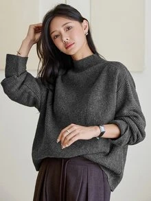 Dazy-Less Women's Solid Color Stand Collar Long Sleeve Casual Versatile Sweater Fall - Grey - View 5
