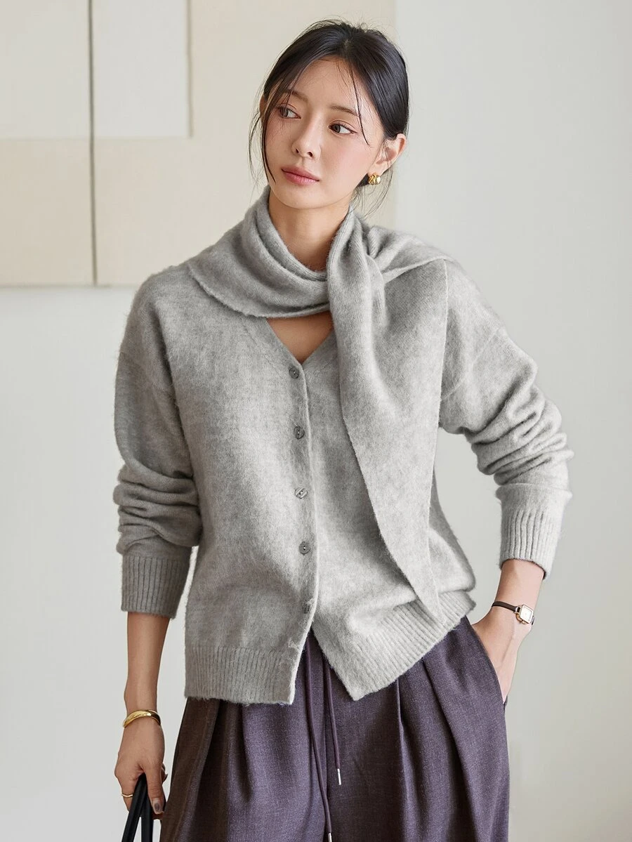 Dazy-Less Women's Autumn/Winter Casual Cardigan & Scarf 2 Pieces Set - Grey - View 1