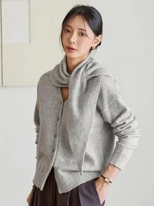 Dazy-Less Women's Autumn/Winter Casual Cardigan & Scarf 2 Pieces Set - Grey - View 6