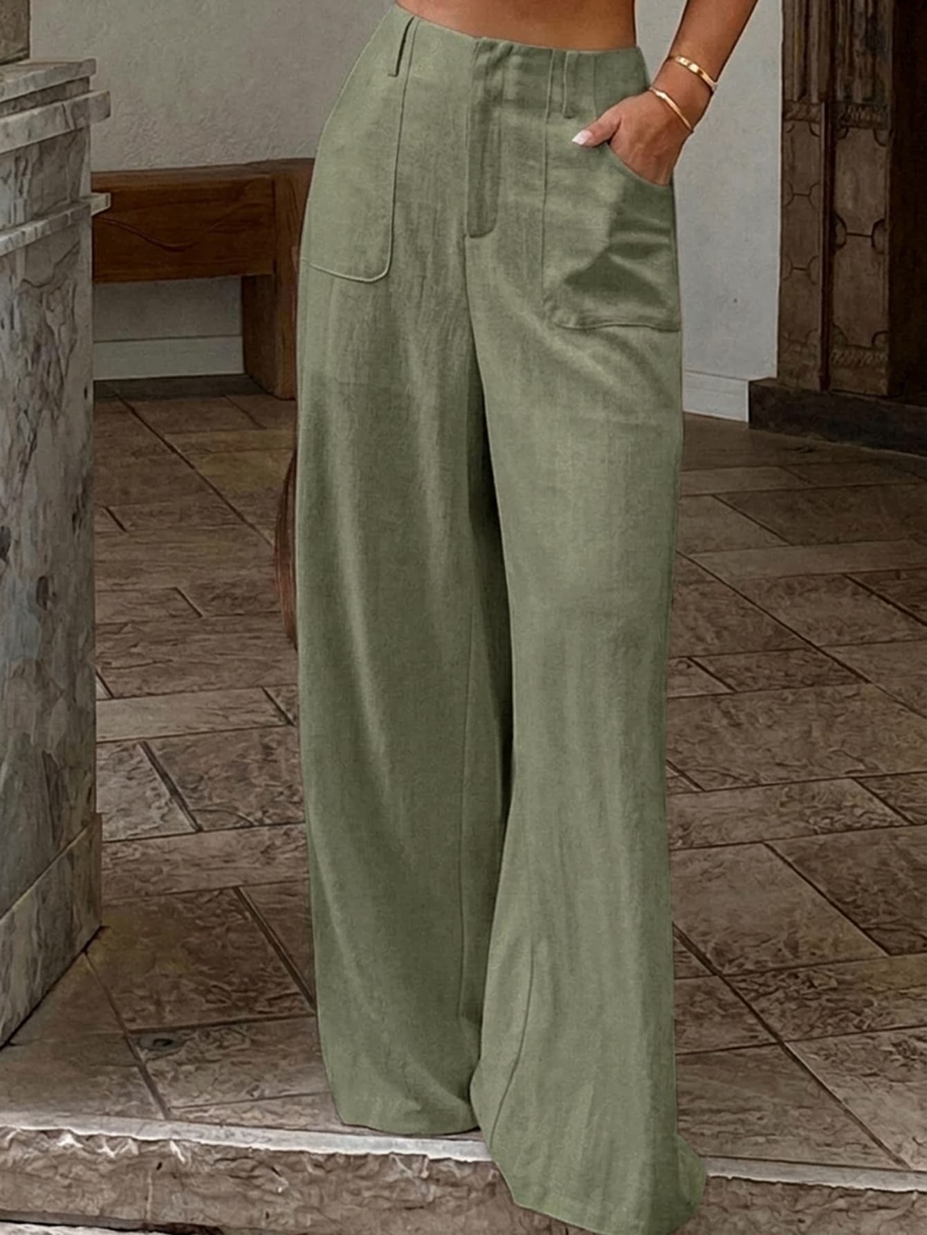 Autumn/Winter High-Waist Sage Green Solid Color Large Pocket Loose Straight Leg Wide Leg Linen Women's Long Pants Brunch Bali Vacation Casual