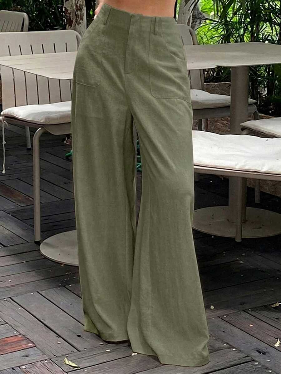 Livesso 秋冬高腰鼠尾草綠純色大口袋寬鬆直筒寬腿亞麻女款長褲,適合早午餐、峇里島度假休閒穿搭 - 軍綠色 - 查看 1
