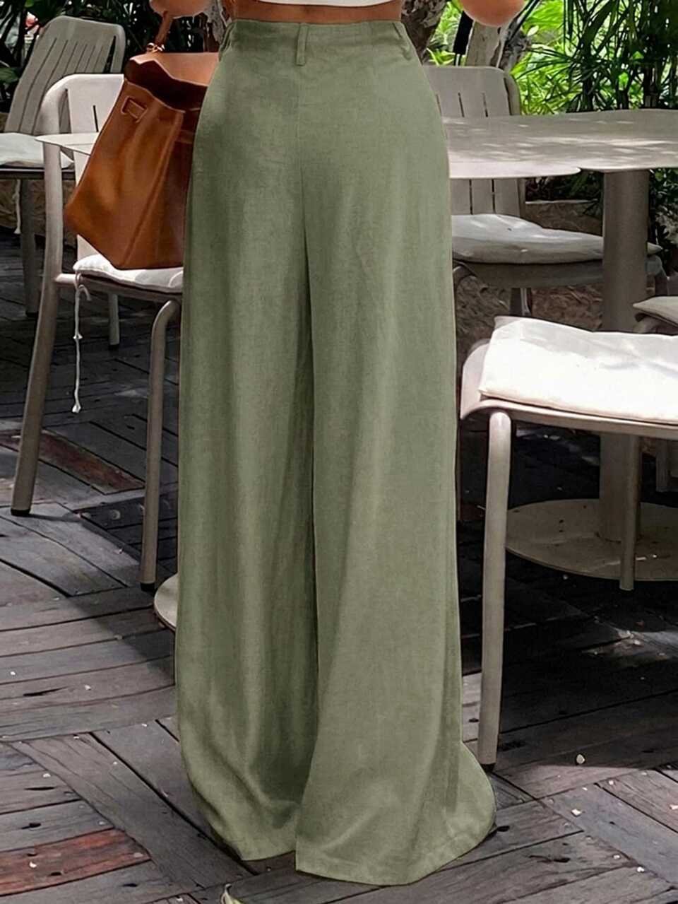 Autumn/Winter High-Waist Sage Green Solid Color Large Pocket Loose Straight Leg Wide Leg Linen Women's Long Pants Brunch Bali Vacation Casual