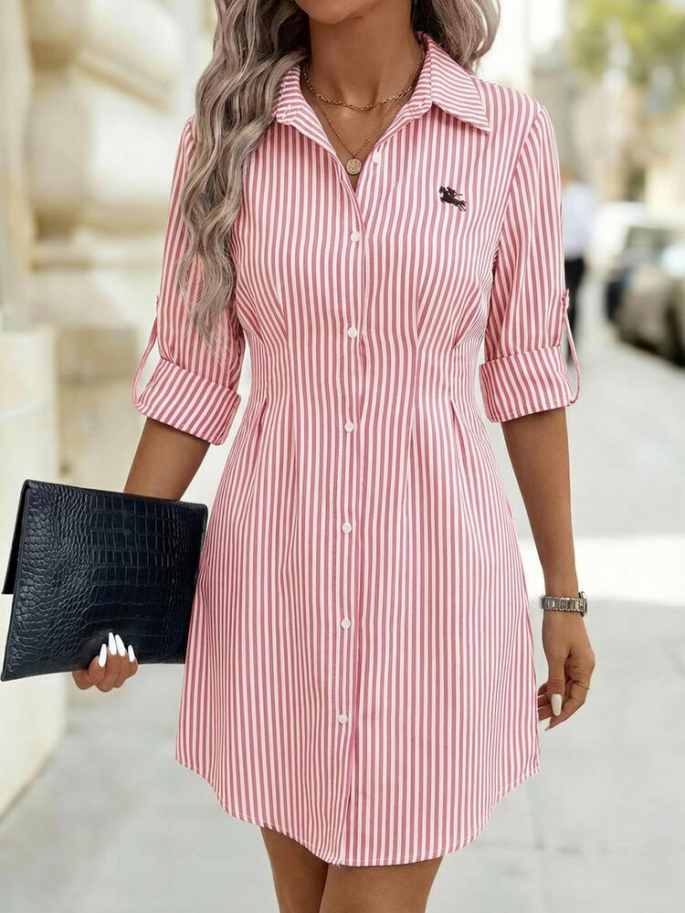 Editum Women's Long Sleeve Pink And White Cardigan Shirt Dress, Waist Cinched Slimming Elegant Preppy Casual Commuter Office Dress, Autumn Back-To-School - Pink - View 5