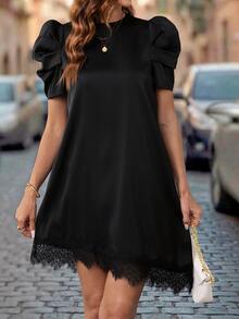 Editum Women's Casual Elegant Solid Color Satin Patchwork Asymmetric Hem Lace Puff Sleeve Dress, Basic Daily Wear, Spring/Summer, Vacation, Night Outings - Black - View 5