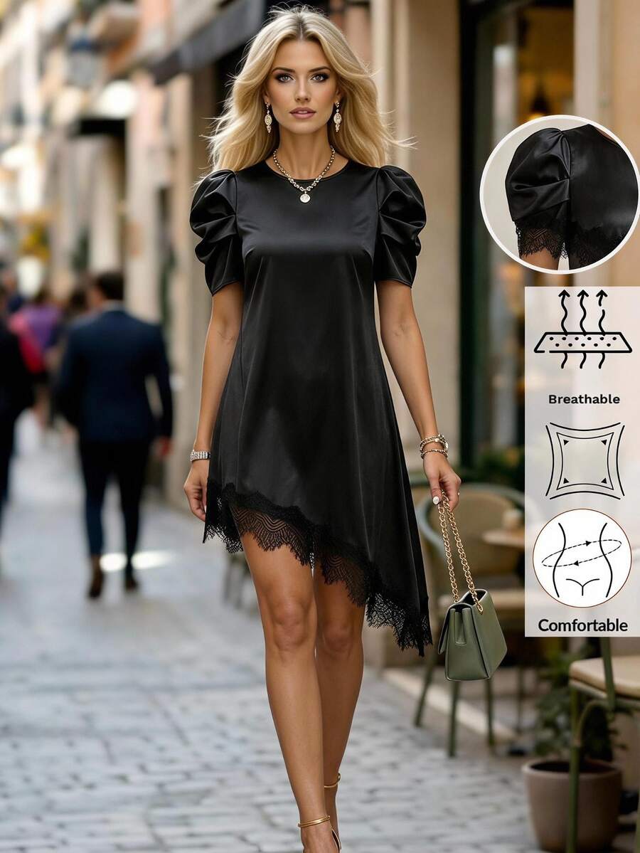 Editum Women's Casual Elegant Solid Color Satin Patchwork Asymmetric Hem Lace Puff Sleeve Dress, Basic Daily Wear, Spring/Summer, Vacation, Night Outings