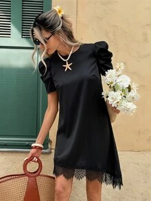 Editum Women's Casual Elegant Solid Color Satin Patchwork Asymmetric Hem Lace Puff Sleeve Dress, Basic Daily Wear, Spring/Summer, Vacation, Night Outings - Black - View 4