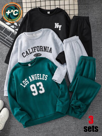 6pcs Teen Boy Autumn/Winter New Casual Minimalist Sports Letter Pattern Grey, Christmas Green, Black Multi-Color Crew Neck Pullover Long Sleeve Sweatshirt & Long Pants Set, Suitable For Commuting, School, Daily Casual, Outings, Sports, Spring/Summer