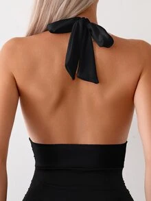 Swim Chiccia Women's Solid Color Halter Backside One-Piece Swimsuit, Minimalist Slim Fit, For Summer Beach Vacation - Black - View 4
