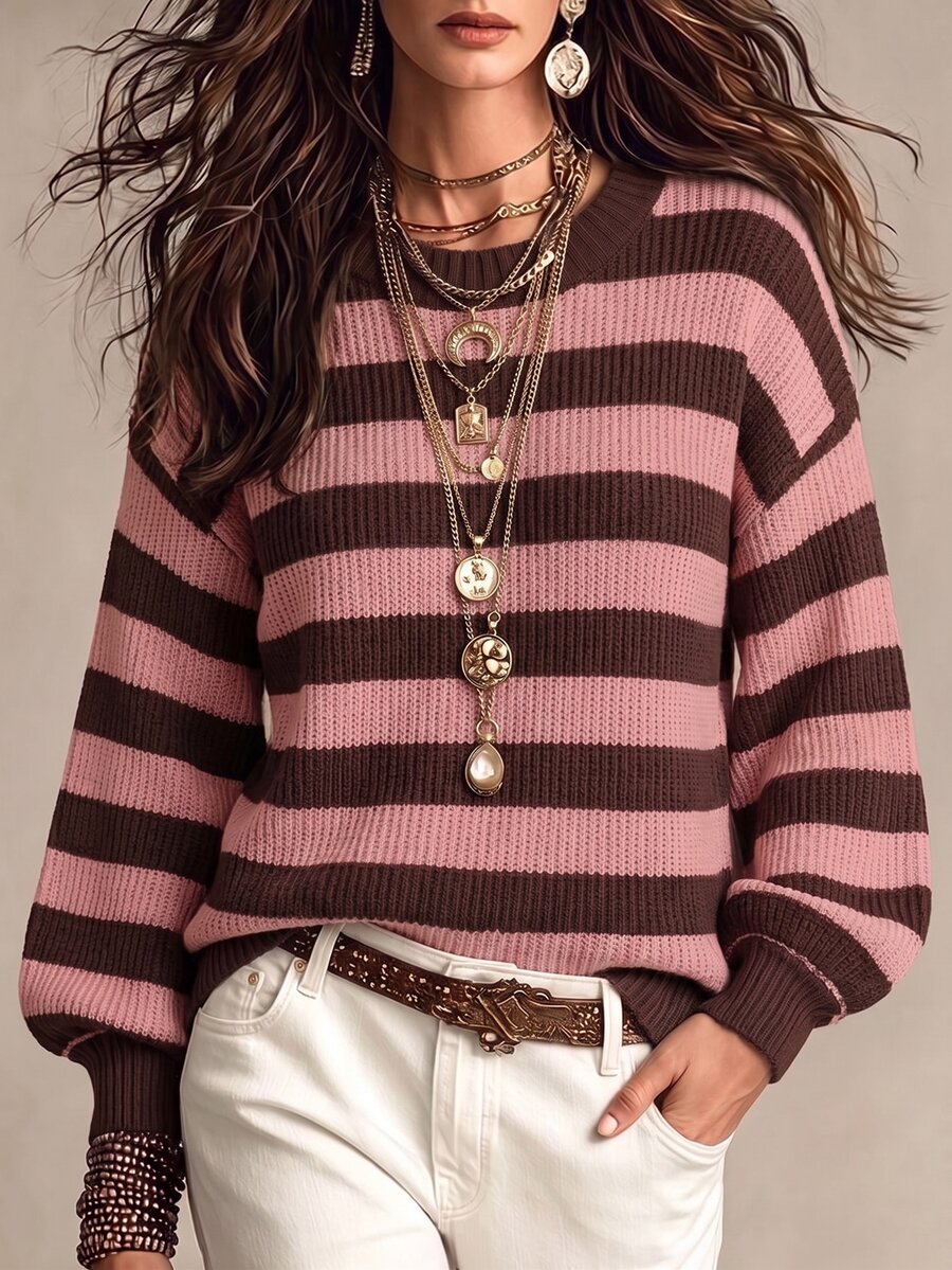 Franclia Autumn/Winter Casual Color-Block Striped Sweater - Multicolor - View 1