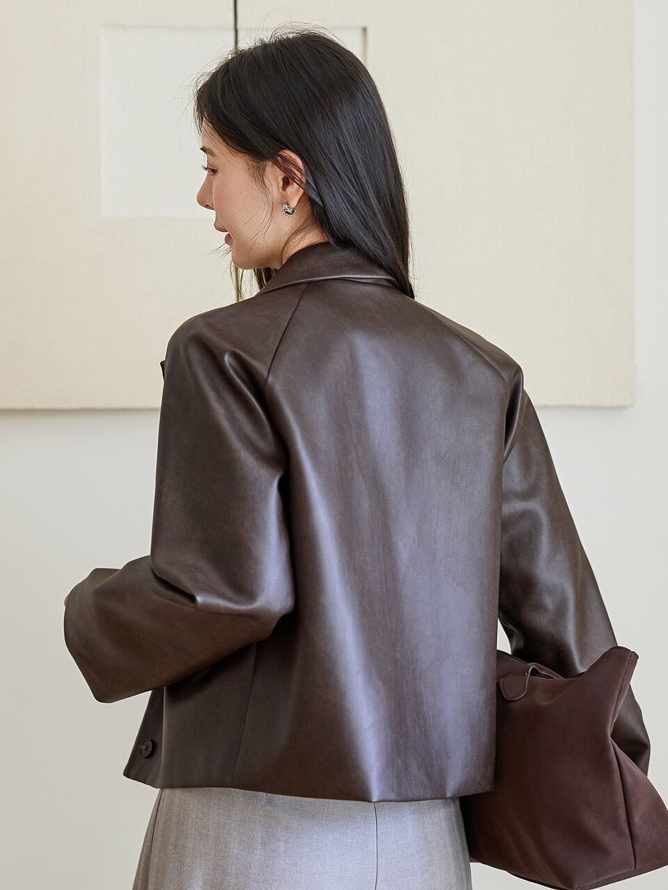 Women's Solid Color Long Sleeve PU Leather Casual Regular Fit Jacket Fall